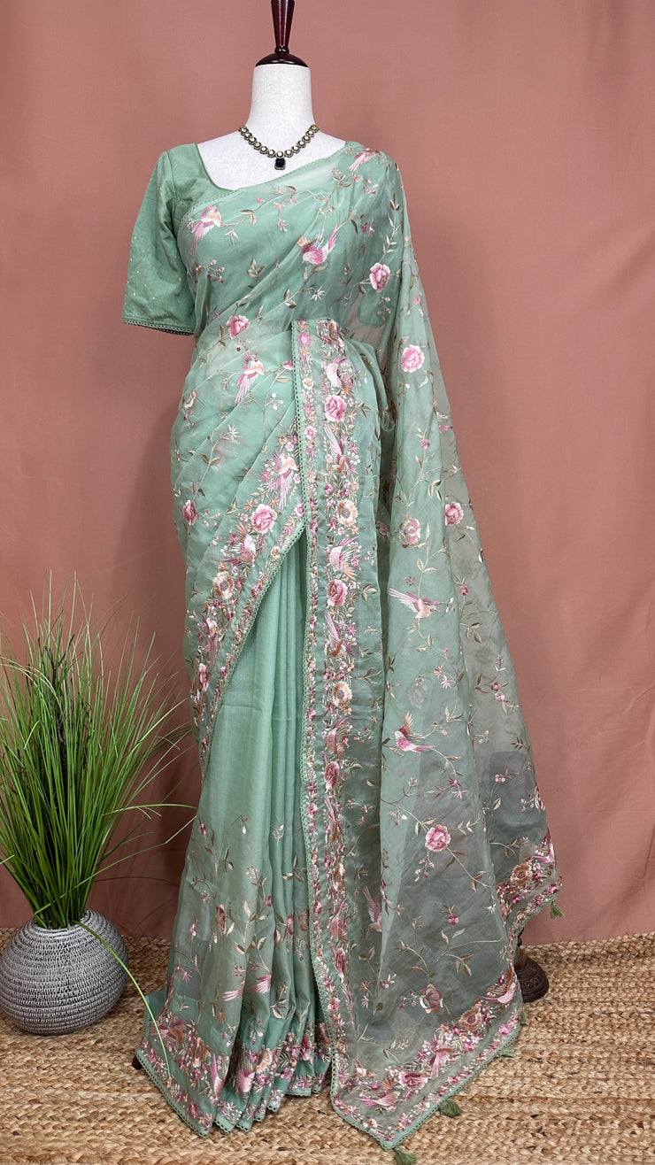 Sea Green Soft Organza Saree with Parsi Gara Machine Embroidery Work , with stitched blouse