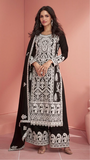 Black and white Pakistani style kurti with bottom and dupatta