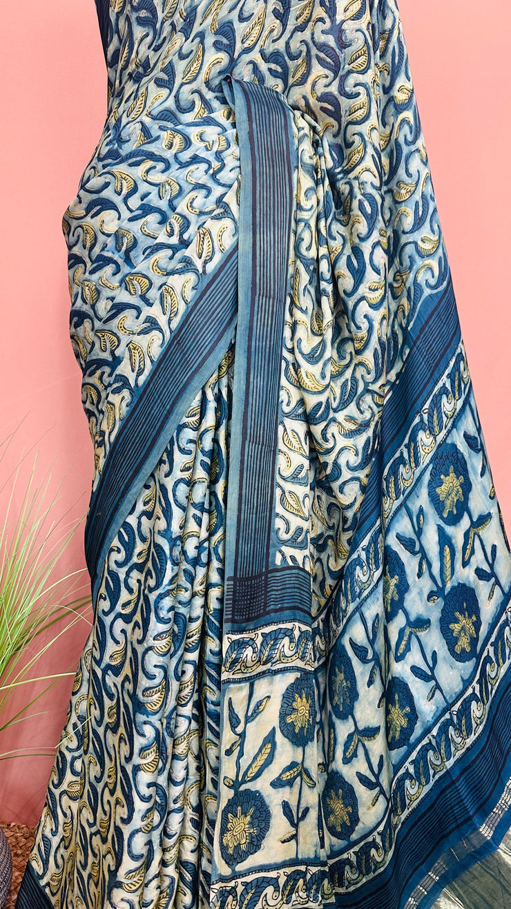 Vanaspati hand block print on modal silk saree with zari pallu and with stitched blouse