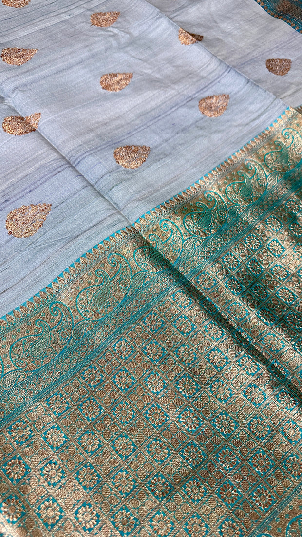 Pastel blue Tussar silk saree turqouise Pure silk tussar Banarsi saree with stitched blue
