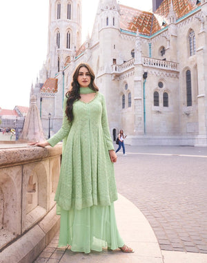 Mint green flared top with palazzo and dupatta