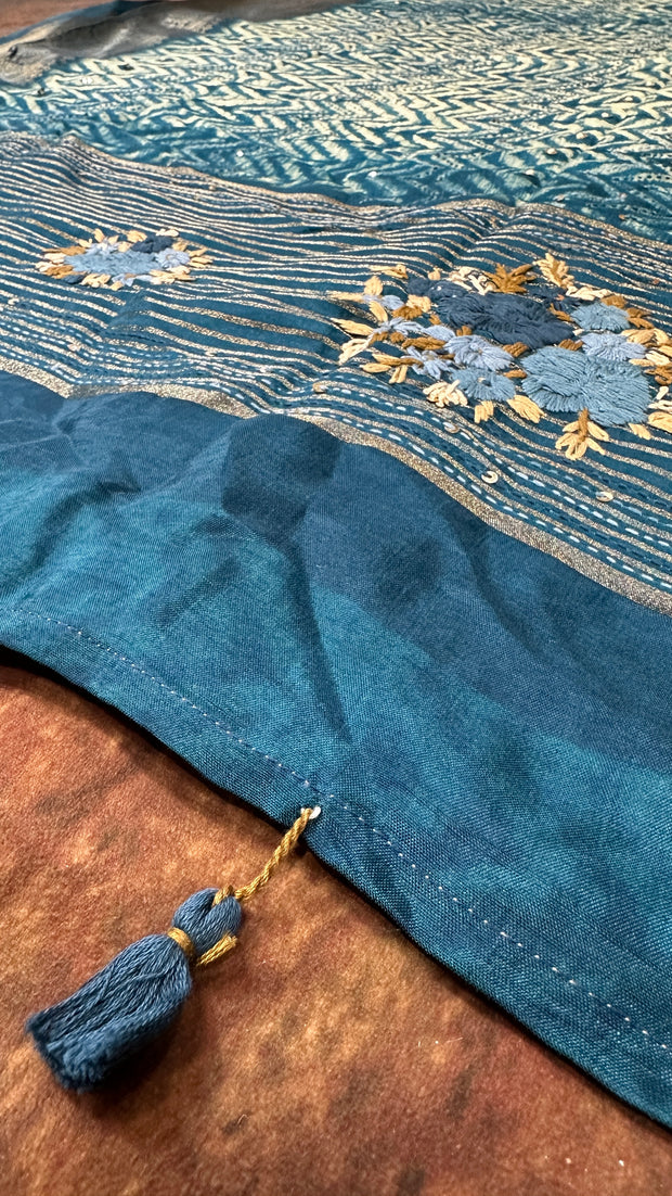 Indigo Blue Munga Silk Saree with Handwork and Stitched Blouse