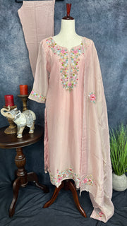 Light pink pure tissue silk salwar top hand embroidery, with bottom and dupatta