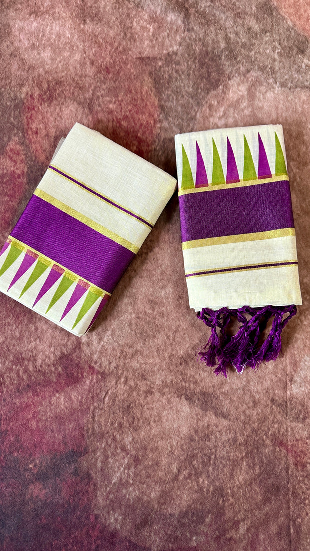 Tissue Set mundu with purple and Green temple print border