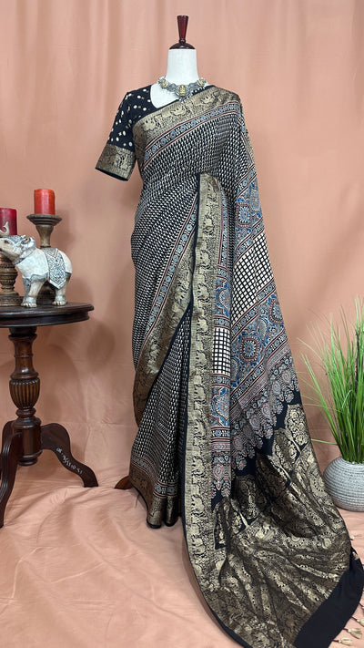 Dola Silk Saree with Ajrakh Hand Block Print , stitched blouse