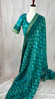 Handblock printed Maheswari cotton silk saree with stitched designer blouse