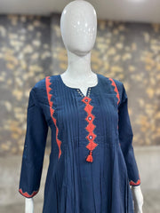 Navy blue cotton kurti with mirror and handwork, and bottom