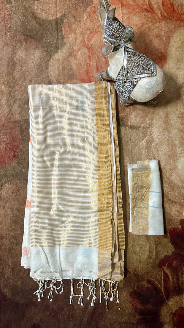 Handloom cotton saree with multicolor butta, with BP