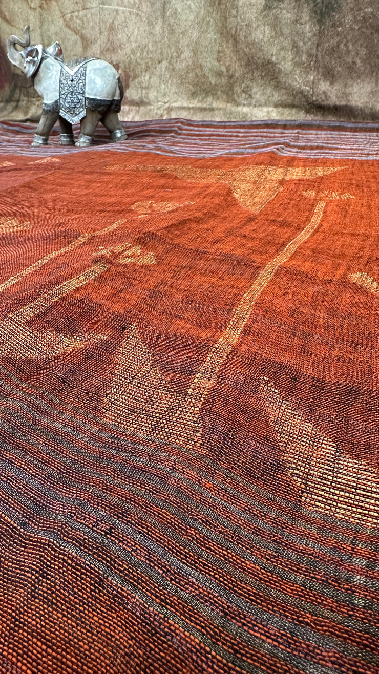 Orange grey and gold line linen saree with stiched blouse