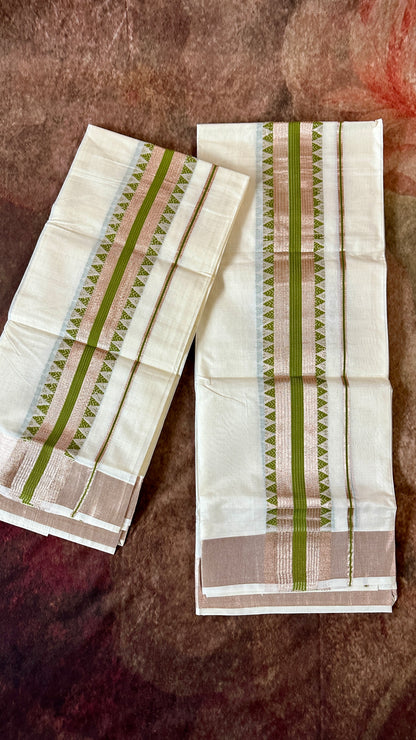 Olive green and rose gold zari weave set mundu