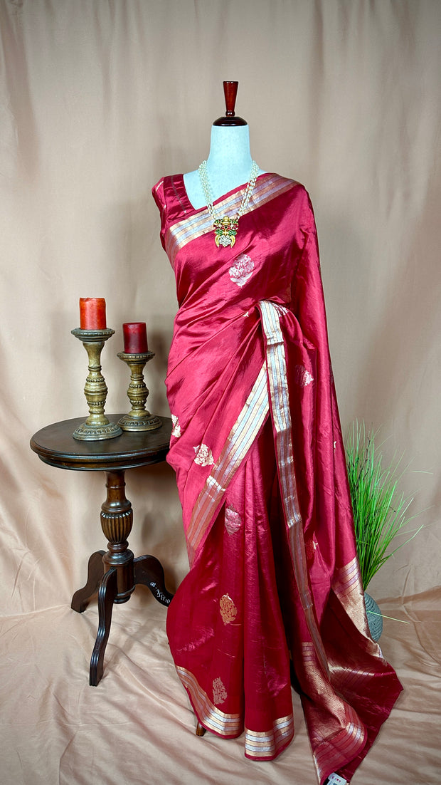 Red soft katan silk saree with silver and gold weave, with stitched blouse