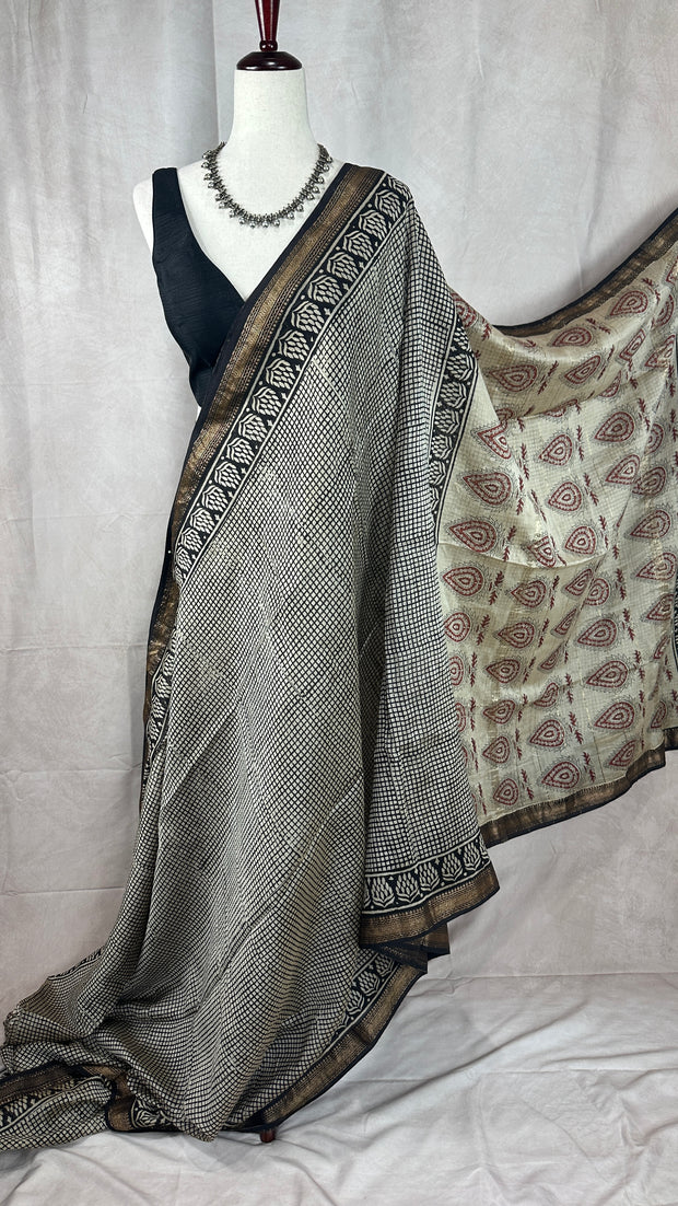 Handblock printed Maheswari cotton silk saree