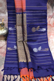 Handwoven Rust color and navy blue combo pure silk kanchivaram pure silk saree