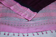 Modal silk saree with hand block print on pallu, with stitched blouse