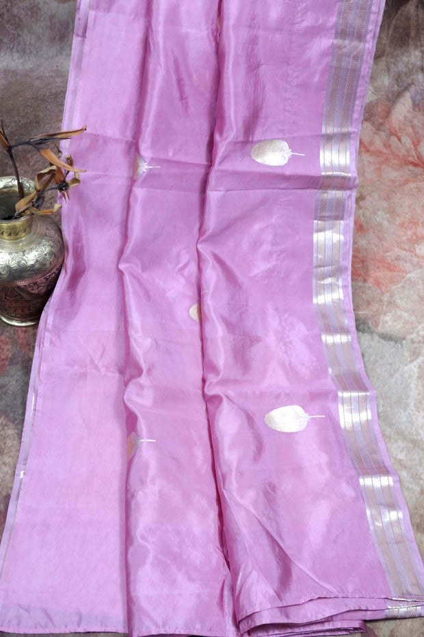 Pure Lavender soft katan handwoven silk saree with gold and silver border, with stitched blouse