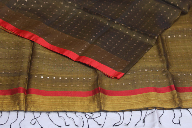 Pure muslin silk saree with weaved sequins and stitched blouse