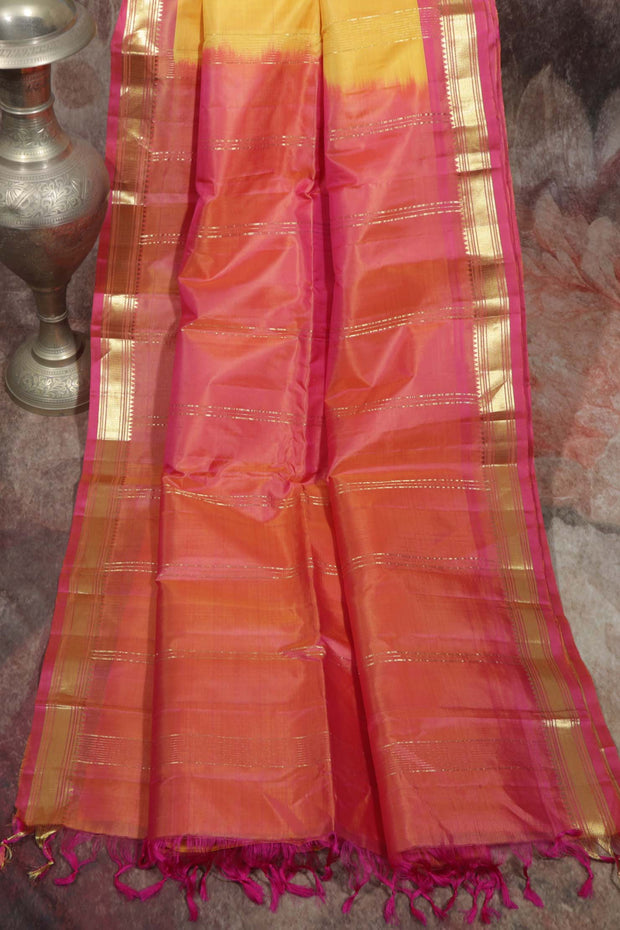 Yellow and Pink combo  Kanchivaram saree with stitched blouse