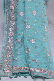 Light blue soft organza saree with Parsi gara machine embroidery work , with stitched blouse