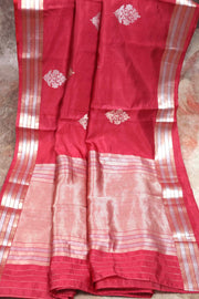 Red soft katan silk saree with silver and gold weave, with stitched blouse