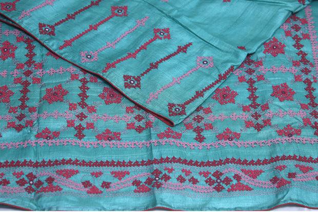 Pure tussar silk saree with kutch work, stitched blouse