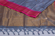 Grey semi silk saree with Pink temple border, with stitched blouse