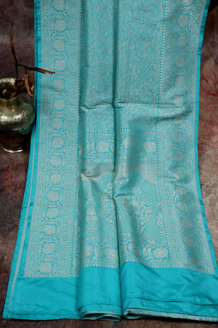 Copper sulphate blue pure katan banarsi saree with stitched blouse