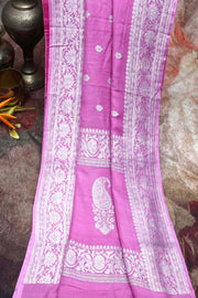 Lotus pink color handloom munga silk saree with silver zari banarsi weave , stitched blouse