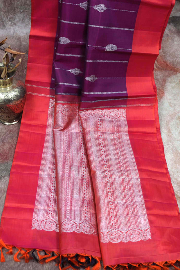 Handwoven Wine red kanchivaram pure silk saree with orange border, with stitched blouse