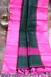 Handwoven Bottle green  Kanchivaram  pure silk saree with pink temple border and stitched blouse