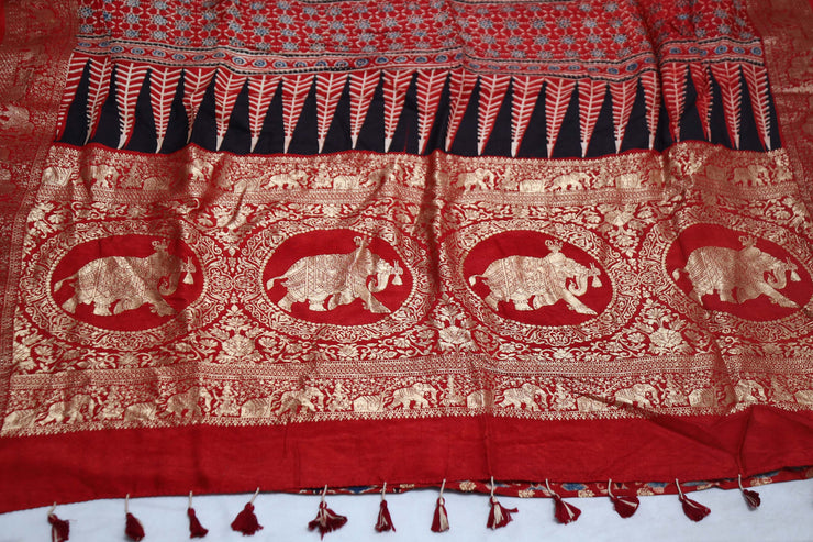 Dola silk saree with Ajrakh hand block print , stitched blouse