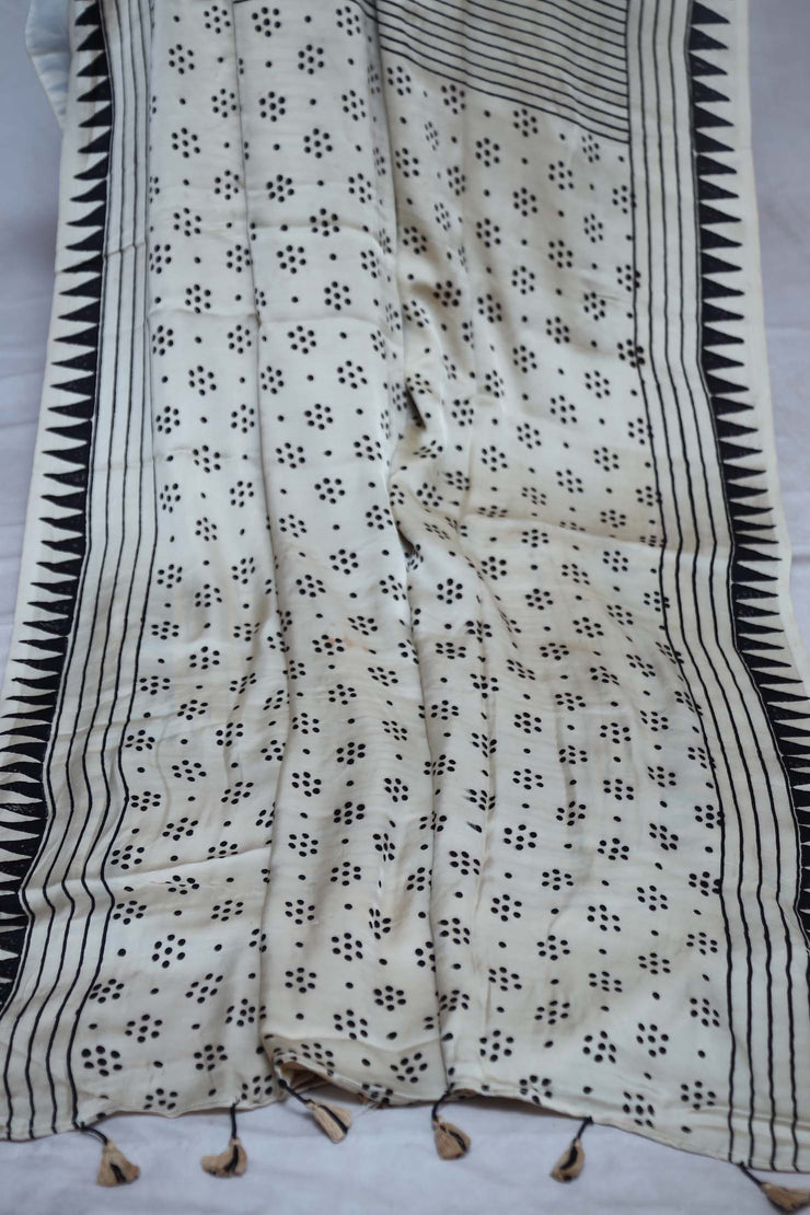 Off white modal silk saree with hand block print , no BP