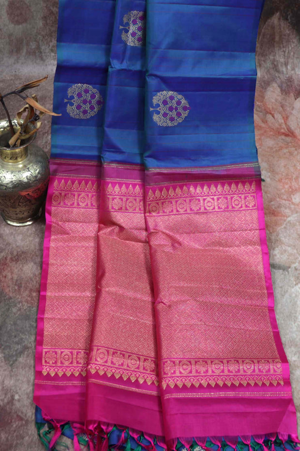 Handwoven Blue Kanchivaram pure silk saree with Pink pallu and blouse