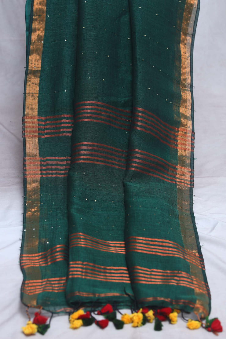 Handloom linen saree with sequins weave