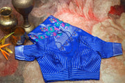 Handloom Blue silver Tussar georgette saree with banarsi weave, stitched blouse