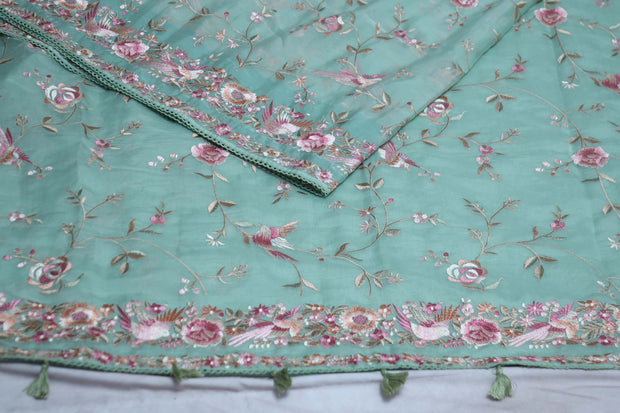 Sea Green soft organza saree with Parsi gara machine embroidery work , with stitched blouse