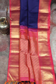 Handwoven Blue and orange pink pure silk kanchivaram silk saree with stitched blouse