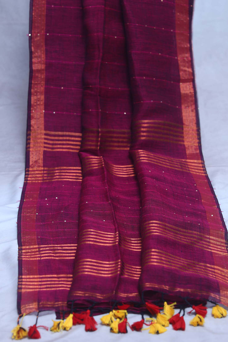 Handloom linen saree with sequins weave , with BP