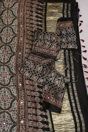 Ajrakh hand block printed Modal silk saree with bead and mirror wirk, with stitched blouse