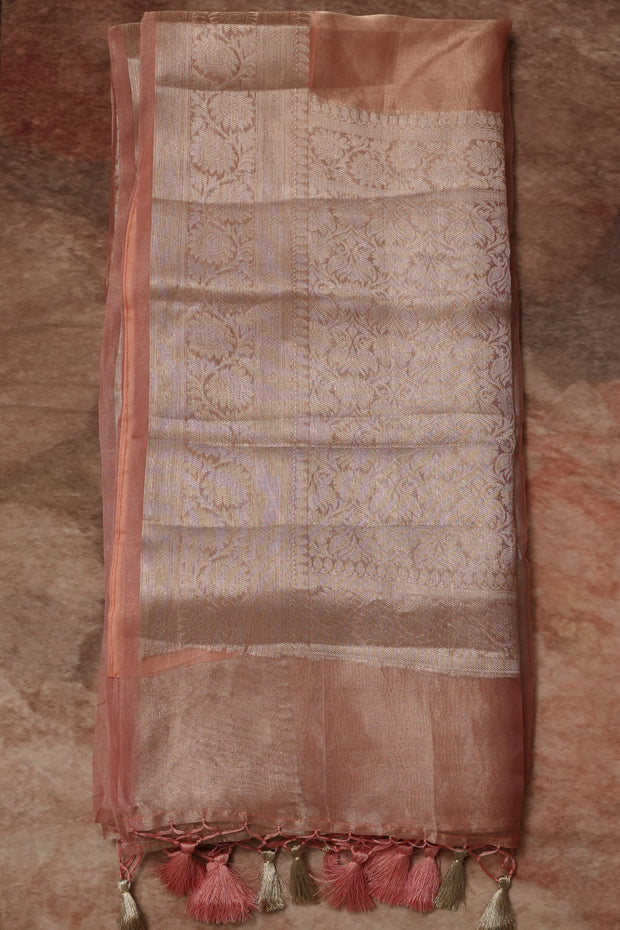 Pure Peach organza tissue silk saree with stitched blouse