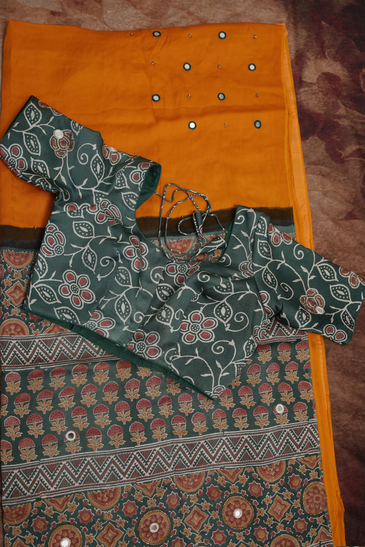 Ajrakh hand block printed Modal silk saree with bead and mirror wirk, with stitched blouse