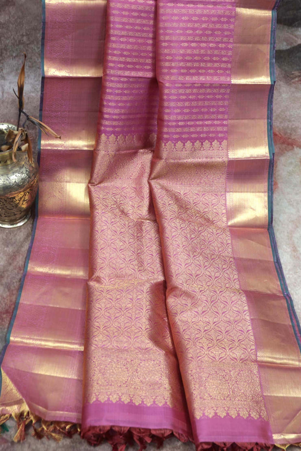 Handwoven Onion pink pure silk Kanchivaram brocade saree with stitched blouse