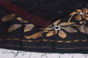 Black muslin pure silk saree with sequins weave, stitched blouse