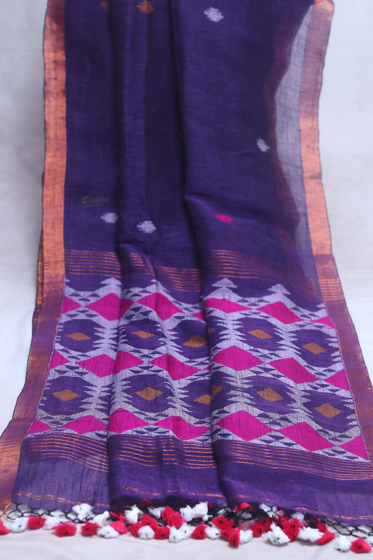 Handloom linen saree jamdani pallu, with BP