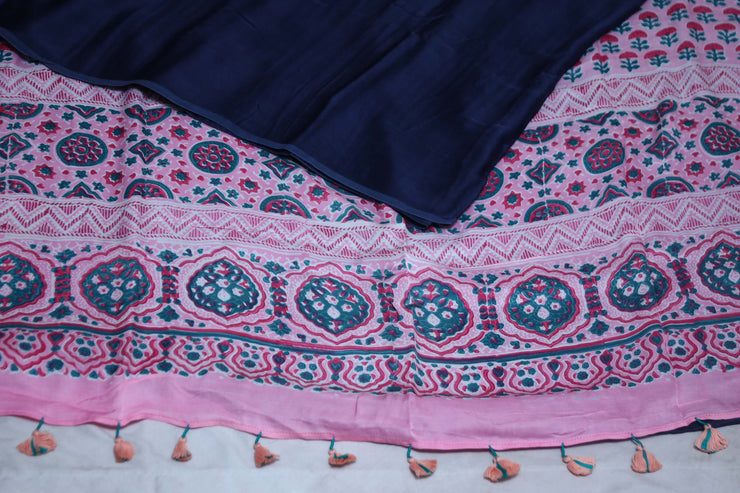 Modal silk saree with hand block print on pallu, with stitched blouse