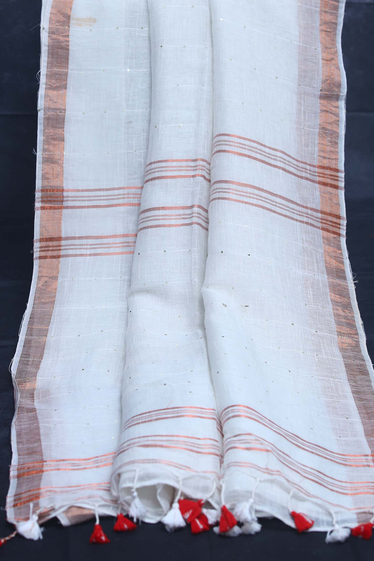 Handloom linen saree with sequins weave , with BP