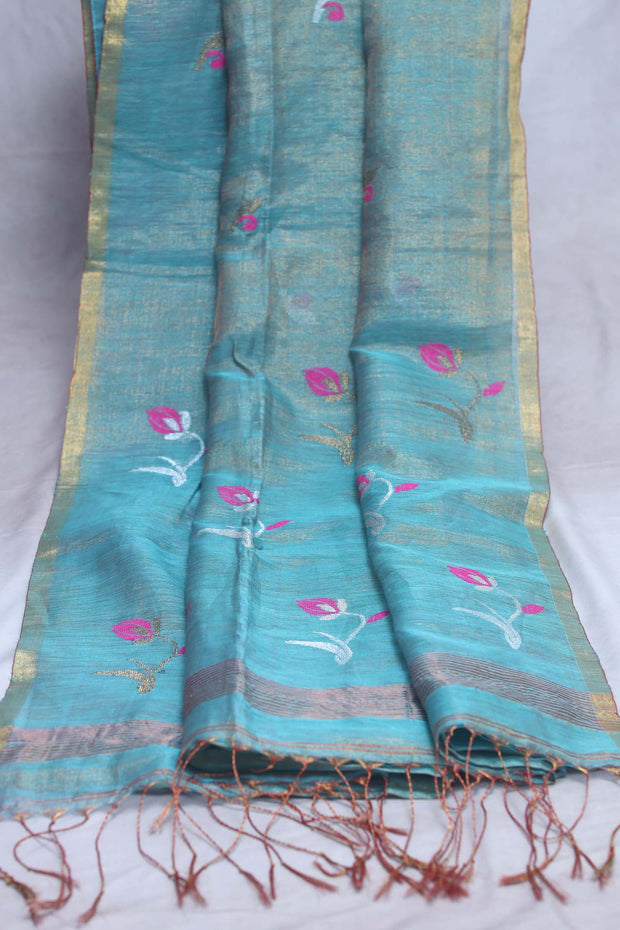 Light blue tissue linen saree with jamdani weave, with BP