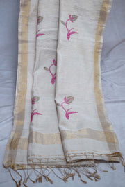 Pink tissue linen saree with jamdani weave, with BP