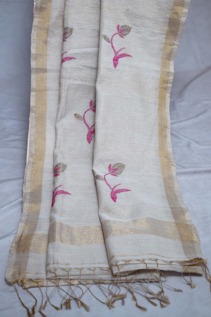 Off white Tissue Linen Saree with Jamdani weave, with BP