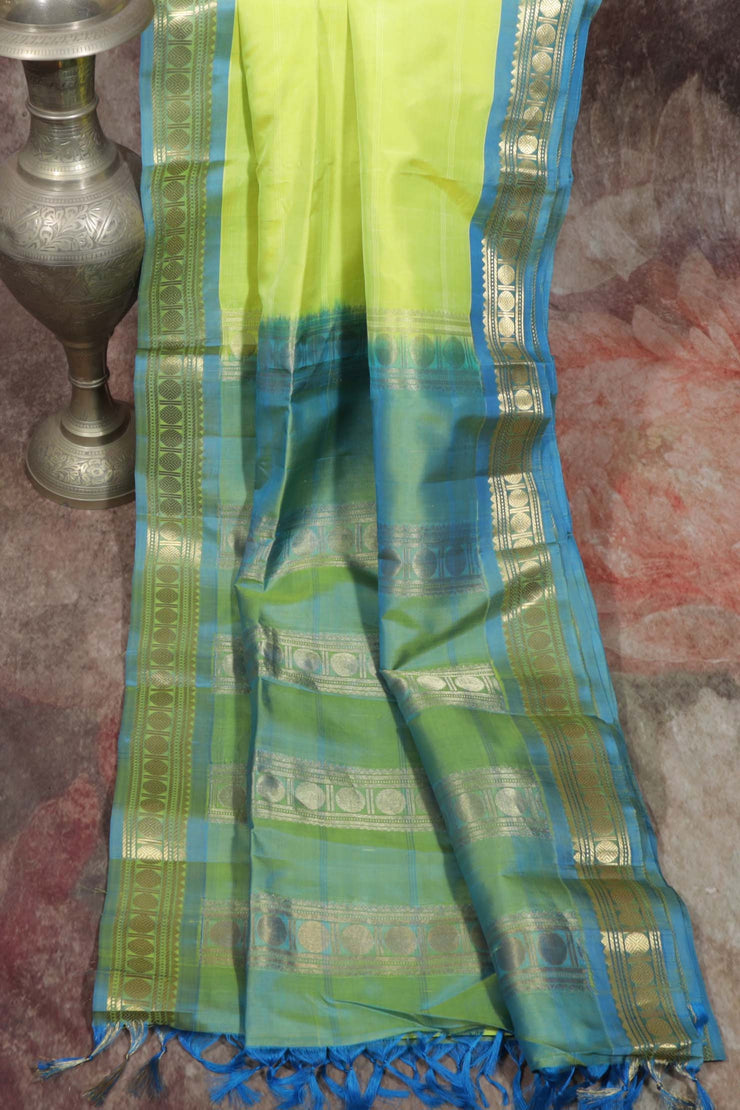 Light green and Blue combo  Kanchivaram  saree with stitched blouse