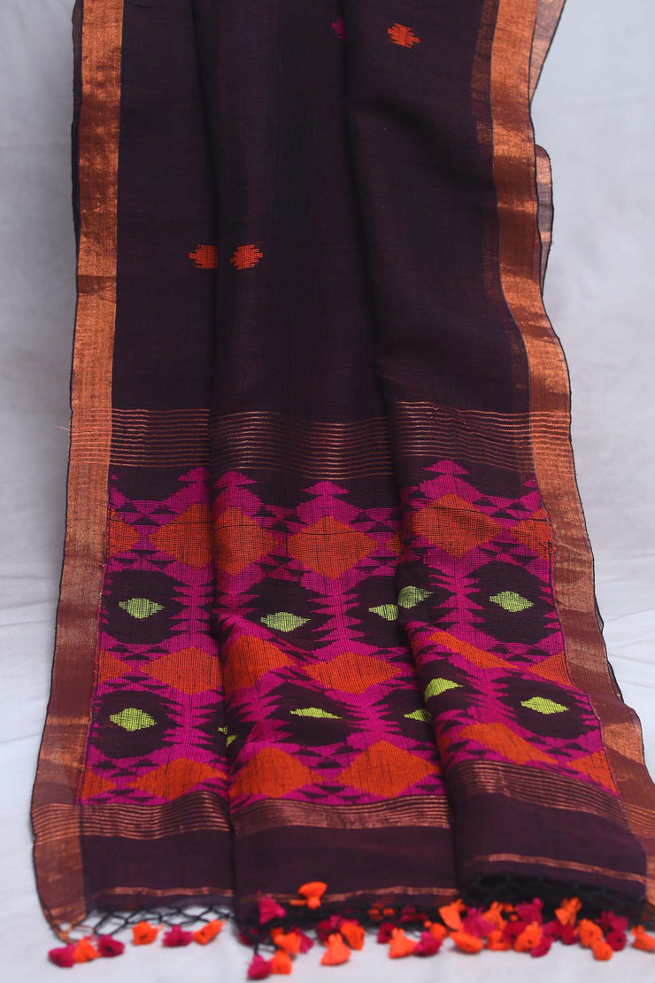 Handloom linen saree jamdani pallu, with BP